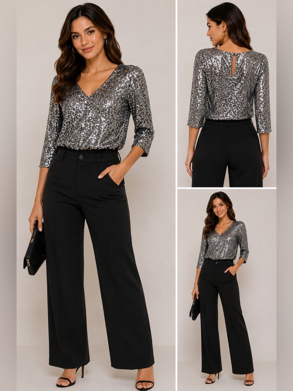 New York & Company Silver Sequin V-Neck Bodysuit Top Size Small NWT